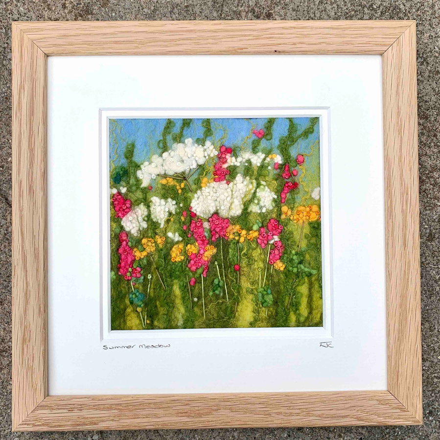 Summer meadow, landscape original art by British felt artist UpandDownDale Lynn Comley. Lynn is a Yorkshire artist inspired by the landscape and hedgerow