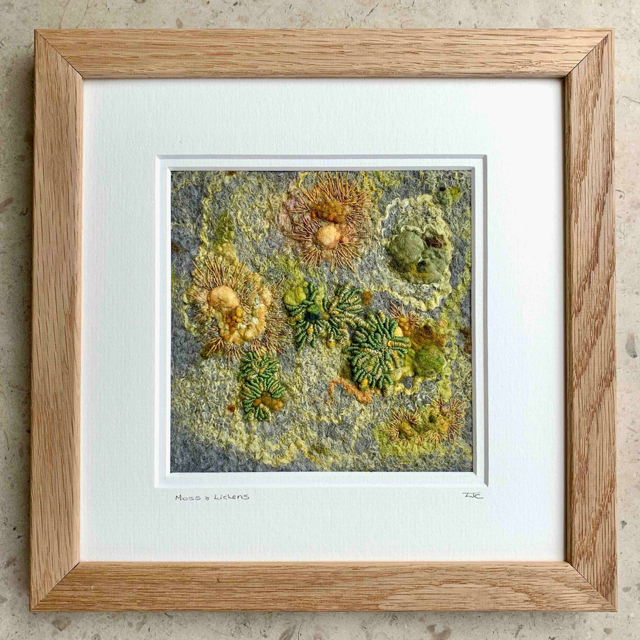 Moss and lichen handcrafted wet felting technique by Lynn Comley with hand embroidery, bullion knots, fly stitch