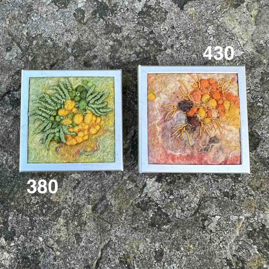 Moss and lichen inspired brooch pins, handcrafted by wet felting wool and silk with embroidery by Yorkshire textile artist Lynn Comley