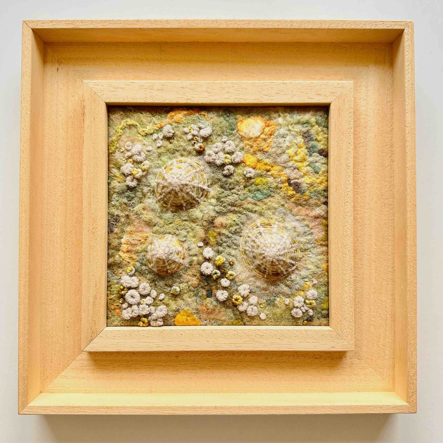 artwork inspiredly the ocean. Limpet shell study made entirely from wool and silk with hand embroidery. By Lynn Comley a British textile artist. 