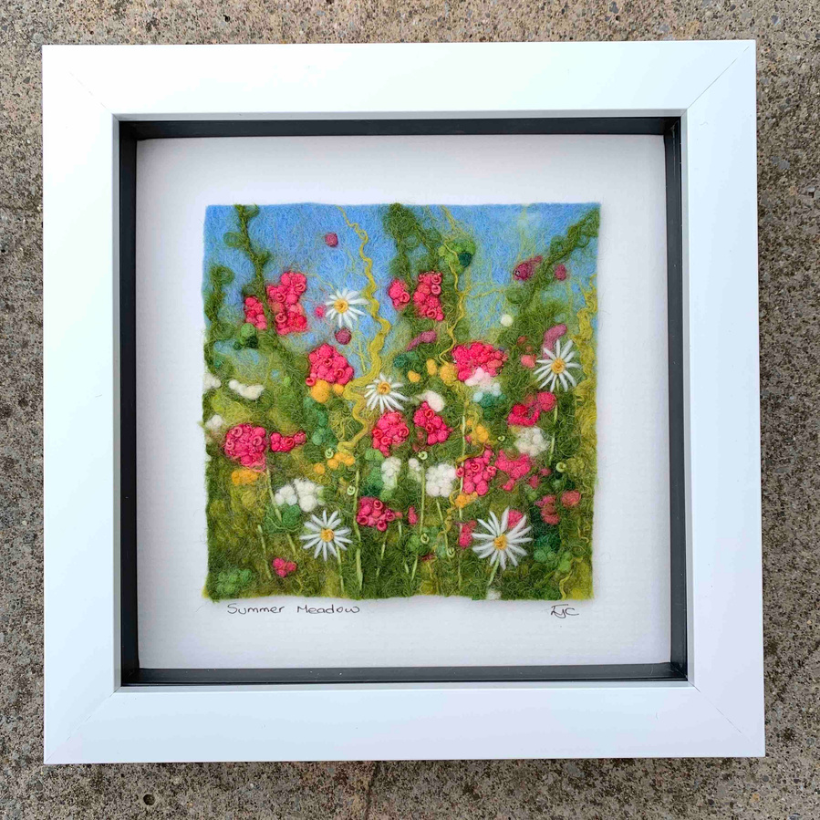 summer meadow textile art, pink flowers depicting English countryside hedgerow flowers made from felt  by Lynn Comley feltmaker from Yorkshire free uk delivery