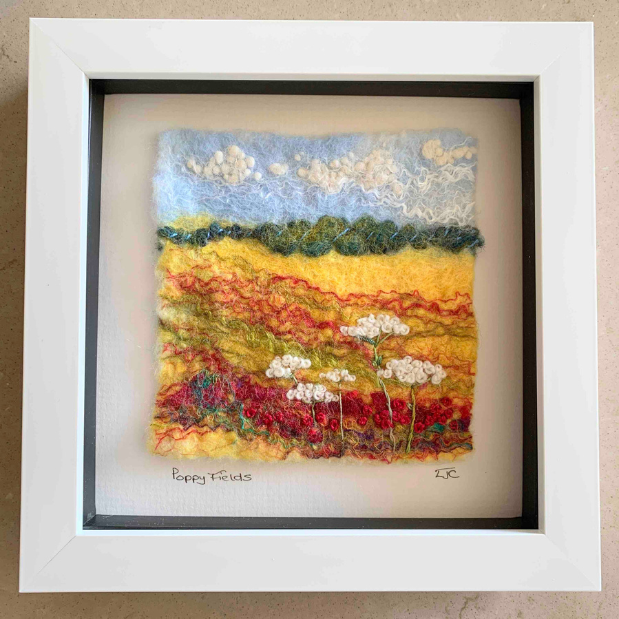 Poppy fields, poppy inspired landscape mini original art by textile artist Lynn Comley aka UpandDownDale. Scarborough artist Lynn Comley