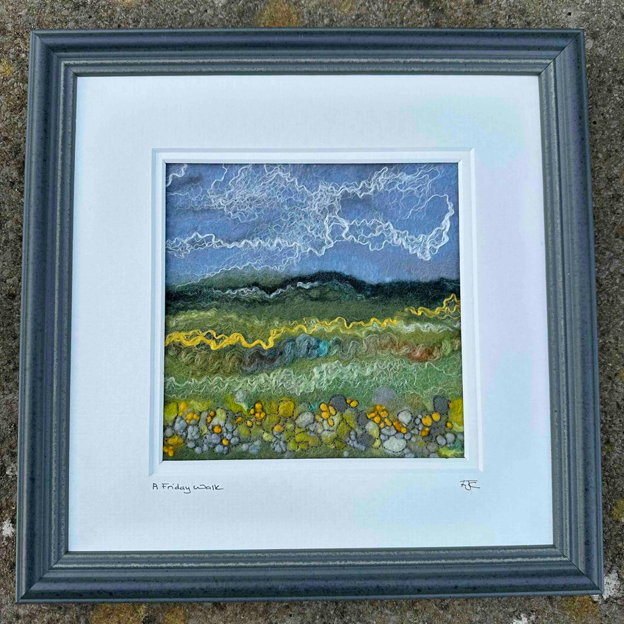 Yorkshire landscape by wet felting artist Lynn Comley aka Up and Down Dale. Framed artwork by North Yorkshire artist 