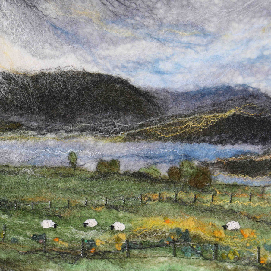 Wet felt fine art textiles artist Lynn Comley. Work is of Loch Torridon west coast of Scotland. Greeting card design by UpandDowndale 