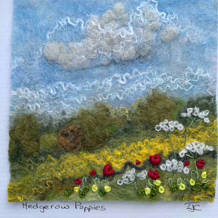 Wet felted landscape picture by North Yorkshire textile felt artist Lynn Comley aka UpandDownDale 
British textile artists poppies