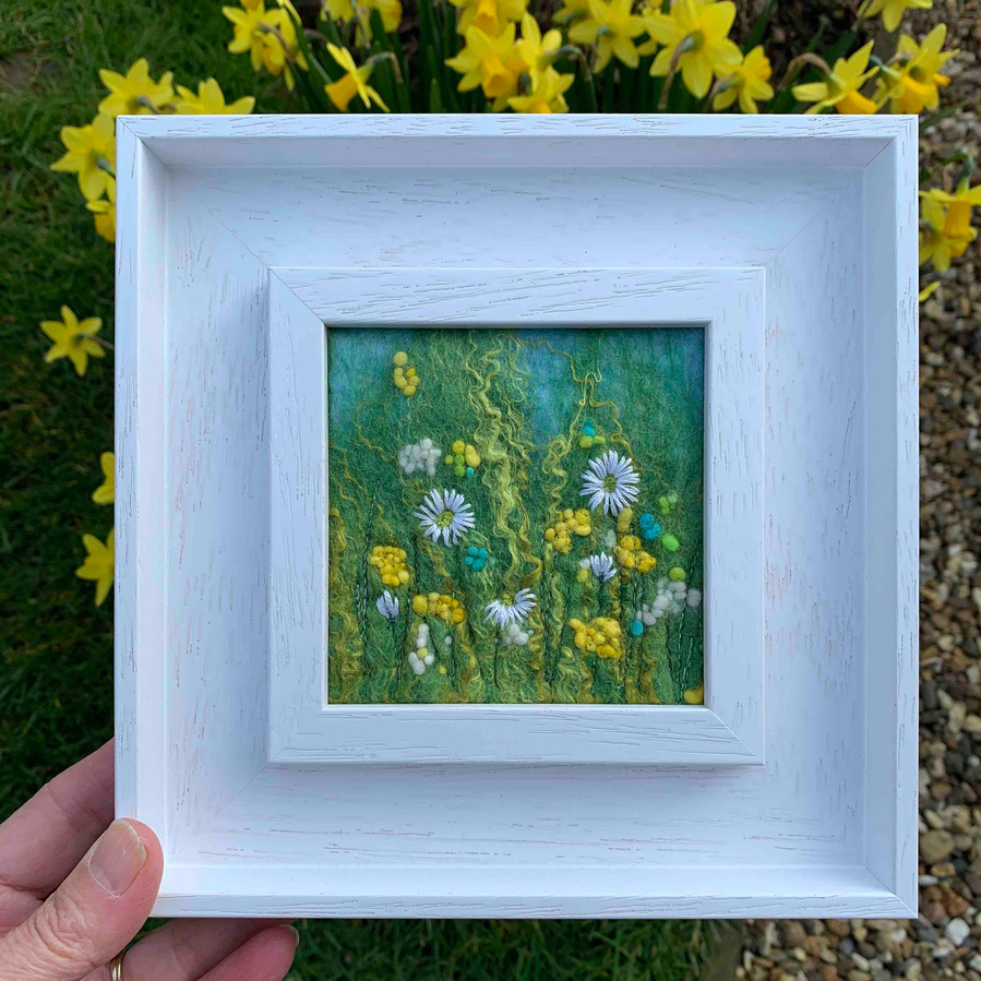 Buttercups and Daisies original felt and embroidered framed artwork by Lynn Comley aka UpandDownDale Yorkshire textile artist