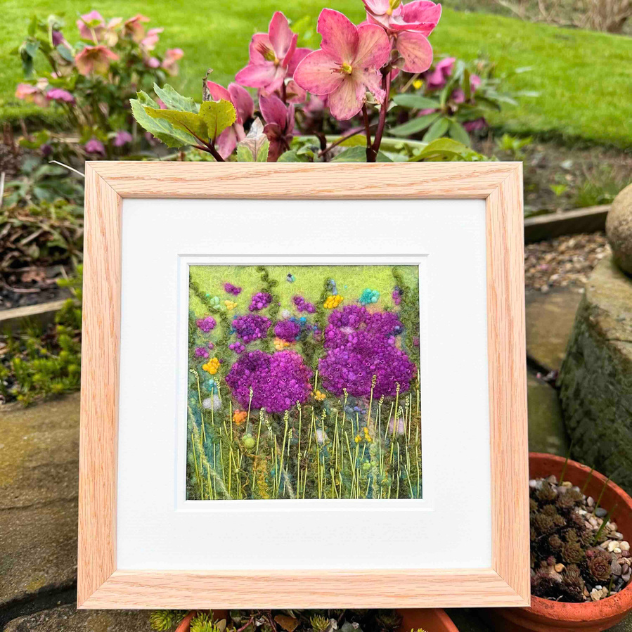 Alliums floral textile picture by Lynn Comley upanddowndale 