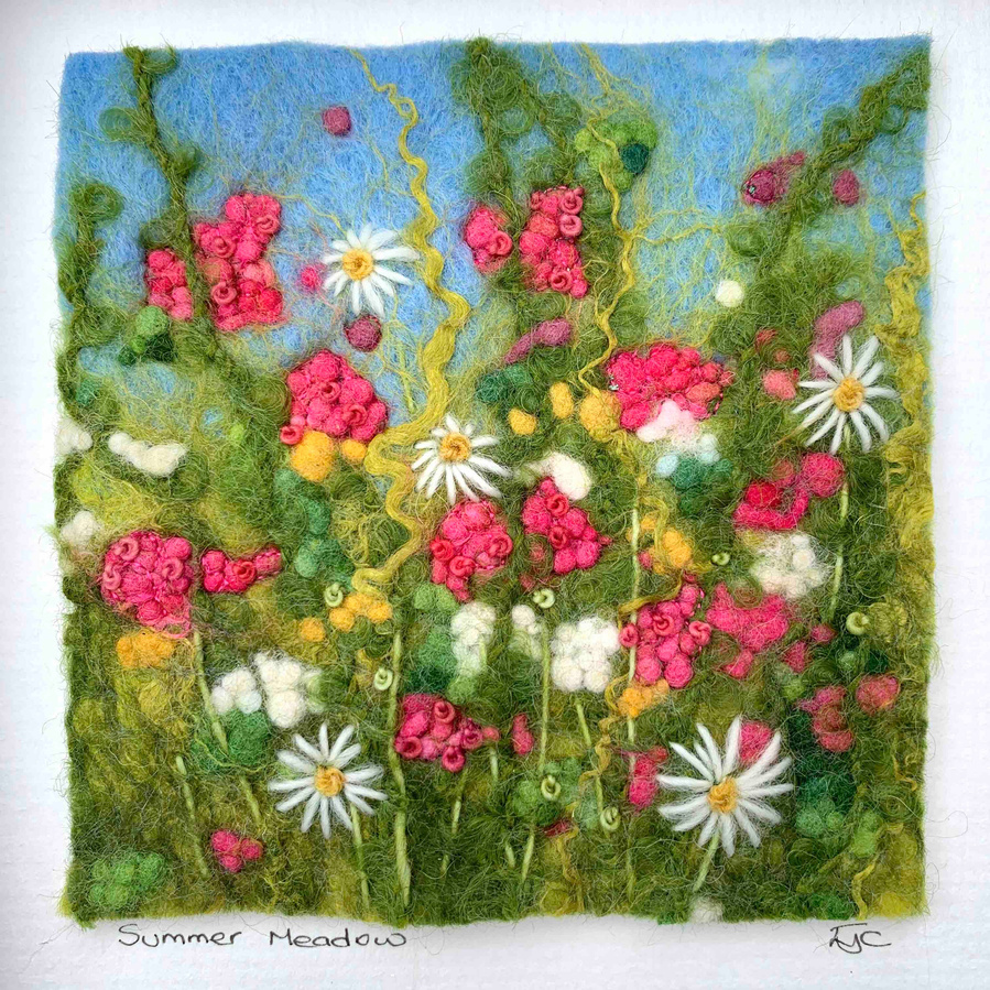 summer meadow textile art, pink flowers depicting English countryside hedgerow flowers made from felt  by Lynn Comley feltmaker from Yorkshire 