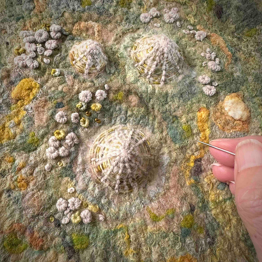 Limpet and Barnacle Study. Limpet shells, made entirely from wool. Wet felted textural study by North Yorkshire artist Lynn Comley aka UpandDownDale