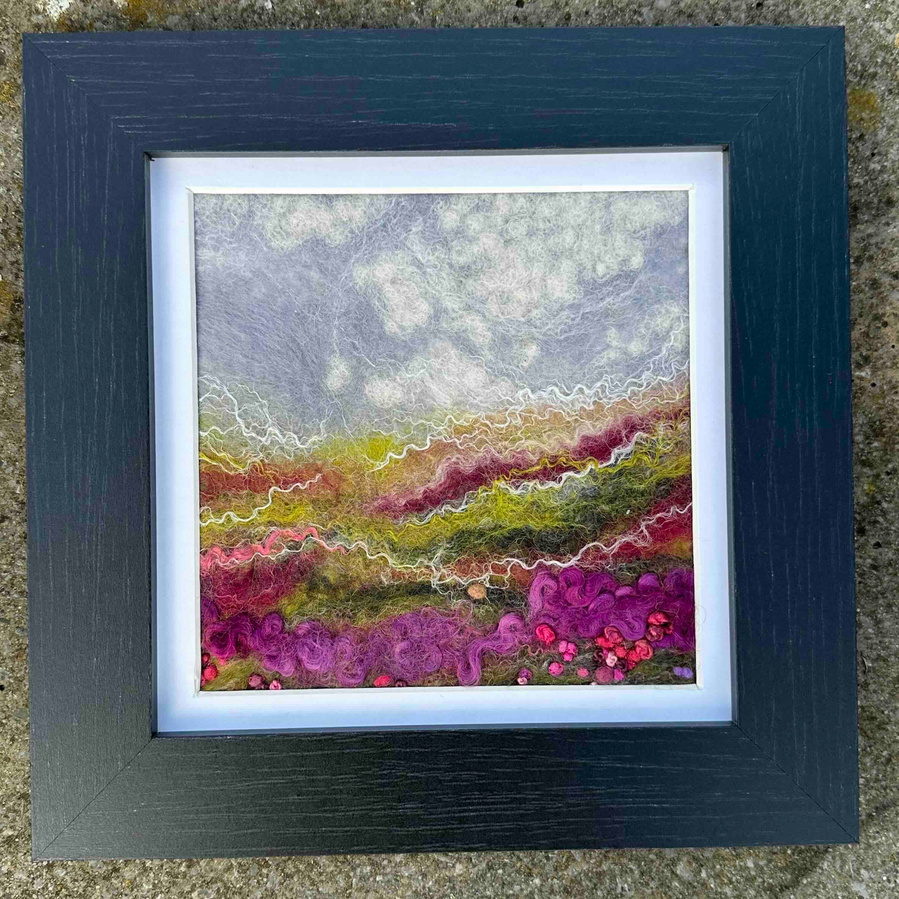 edge of the moor landscape framed textile picture by Yorkshire artist Lynn Comley. 