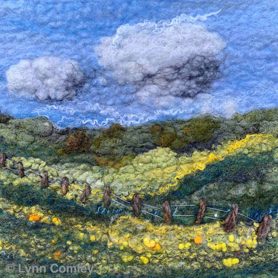Textural landscape by British textile artist Lynn Comley aka Up and DownDale. Yorkshire landscape artist 
