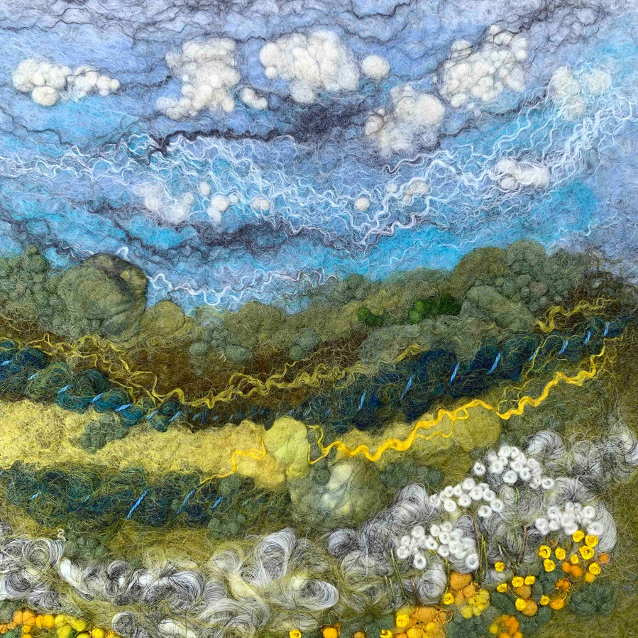 'Along the dale' is a contemporary felt and stitch framed picture by Yorkshire textile artist Lynn Comley aka Up and down dale