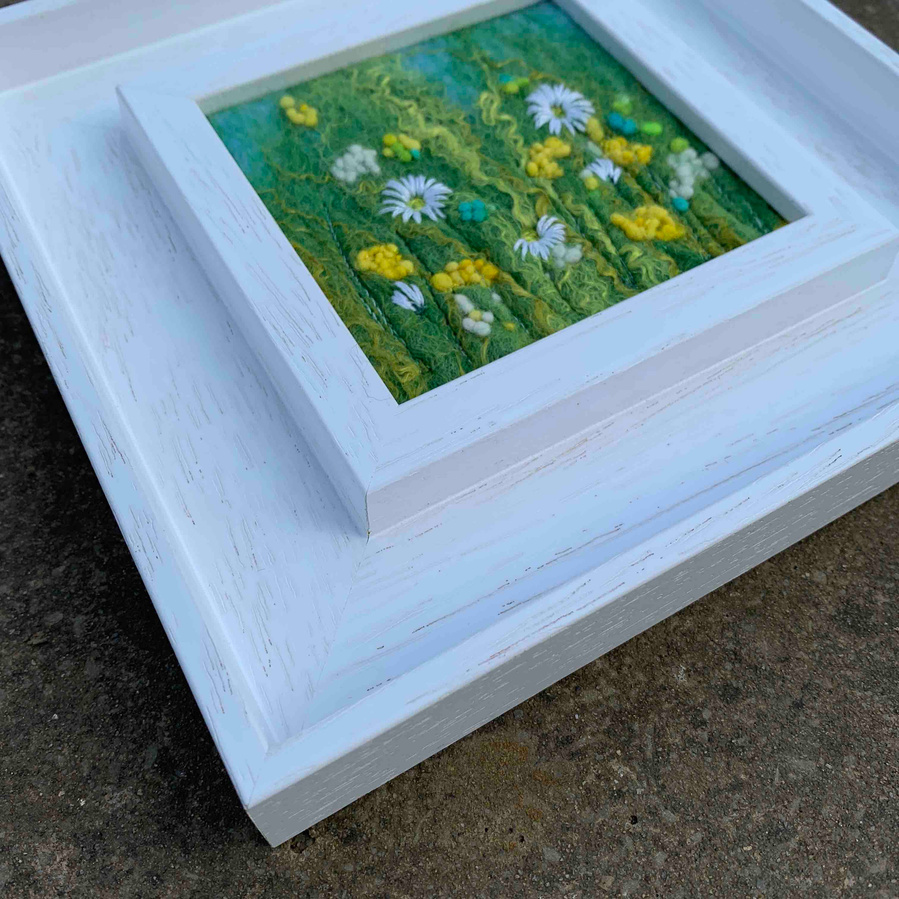 Buttercups and Daisies original felt and embroidered framed artwork by Lynn Comley aka UpandDownDale Yorkshire textile artist. Sustainable forest framing detail