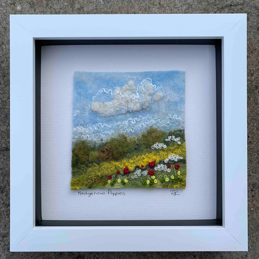 Wet felted landscape picture by North Yorkshire textile felt artist Lynn Comley aka UpandDownDale 
British textile artists poppy poppies 