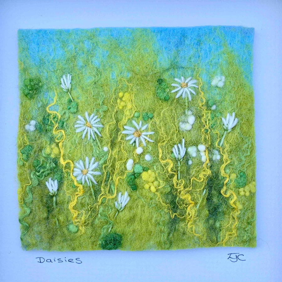 daisy Daisies. Wet felted flower picture by North Yorkshire textile felt artist Lynn Comley aka UpandDownDale 
British textile artists