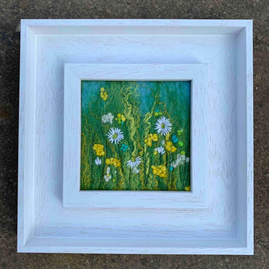 Buttercups and Daisies original felt and embroidered framed artwork by Lynn Comley aka UpandDownDale Yorkshire textile artist