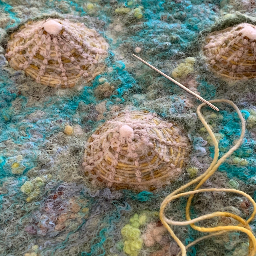 Limpet shells, textile art wet felted, tidal pools, coastal art, rock pools, felt artist by UpandDownDale Lynn Comley British artist, close up, texture
