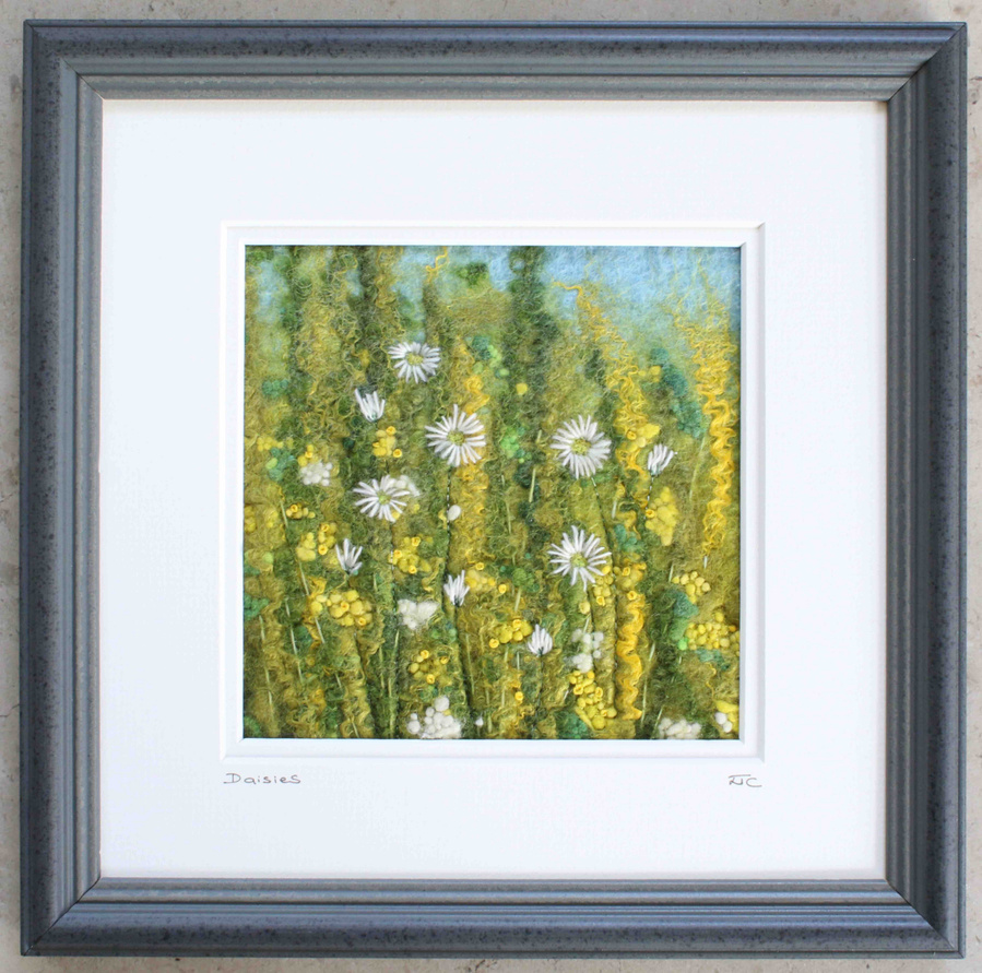 Buttercups and daisies wet felt artist Lynn Comley, embroidered pictures. Learn to make a felt picture on a workshop in North Yorkshire with Lynn Comley UpandDownDale 