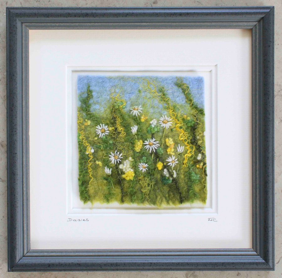 Daisies. A wet felted and embroidered daisy picture by Lynn Comley aka UpandDownDale . North Yorkshire Open Studio artist in Scarborough 