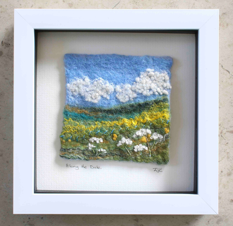 Framed Felt and Stitch picture by British textile artist Lynn Comley, affordable art, workshops available in North Yorkshire 