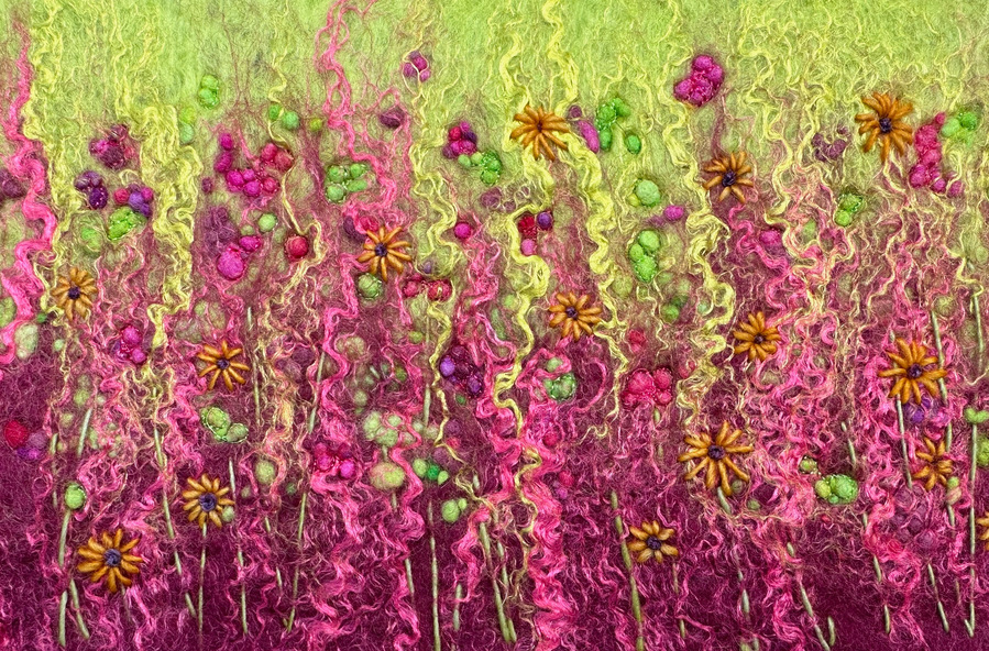 Wet felting workshop with Yorkshire  textile artist Lynn Comley aka Up and Down Dale. Learn how to wet felt a Flower Meadow inspired picture in the beautiful grounds of Scampston Hall Walled Garden 