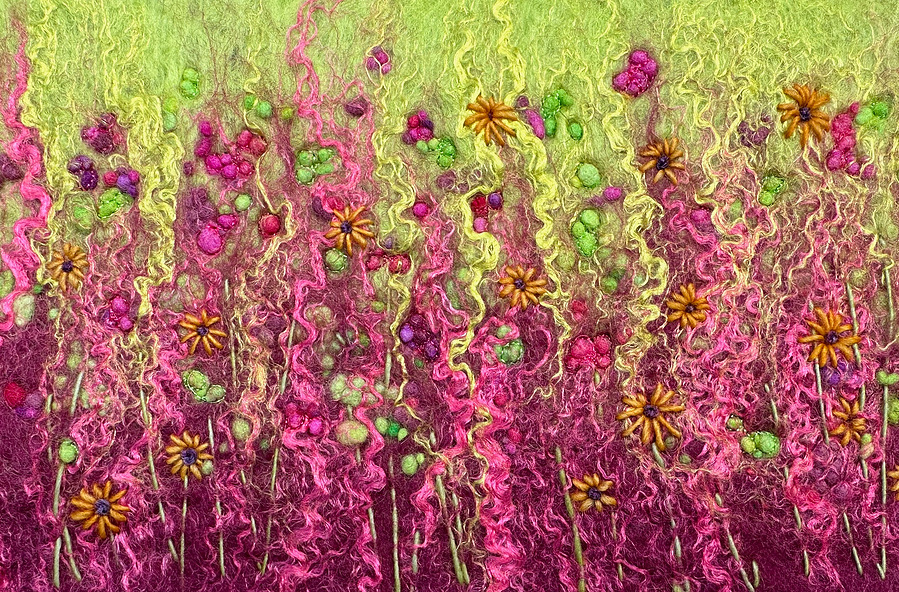 Wet felting workshop with Yorkshire  textile artist Lynn Comley aka Up and Down Dale. Learn how to wet felt a Flower Meadow inspired picture in the beautiful grounds of Scampston Hall Walled Garden 