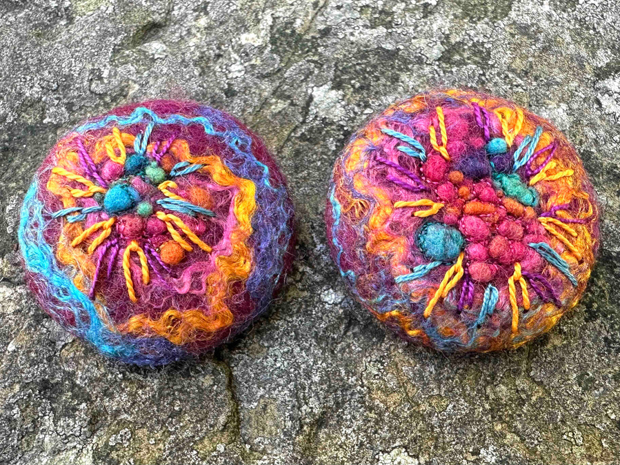 Colourful brooch pins by Lynn Comley a felt and embroidery Artist
