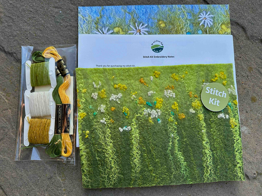 Daisy felt and embroidery kit. Freform stitch kits by Lynn Comley a Yorkshire felt artist called Up and DownDale. Irish green art.
