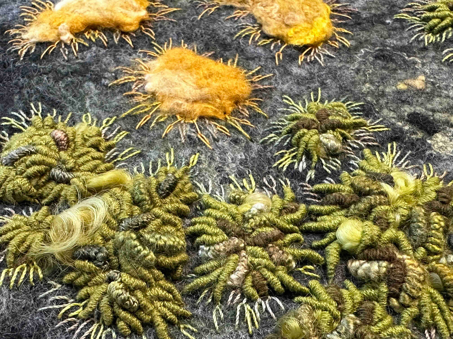 Forest floor is a wet felting and embroidered moss and lichen inspired textile by Lynn Comley Upanddowndale British artist