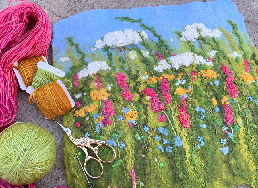 Wet felting workshop with Yorkshire  textile artist Lynn Comley aka Up and Down Dale. Learn how to wet felt a Flower Meadow inspired picture in the beautiful grounds of Scampston Hall Walled Garden 
