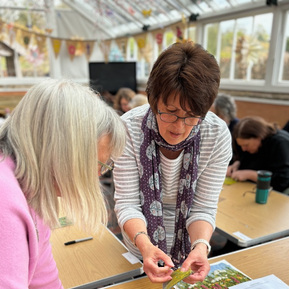 Textile artist Lynn Comley showing embroidery at a Scampston Hall Workshop
