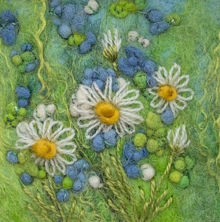 Learn to felt flower meadow pictures. Wet felting creative workshop with textile artist UpandDownDale Lynn Comley in the beautiful Scampston Hall Walled Garden in North Yorkshire.  October 2022. Take inspiration from top felt artists.