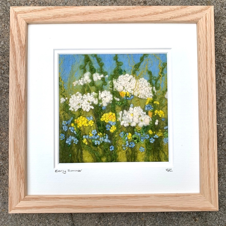 Summer meadow wet felted textile art picture. Entirely wet felted artwork with embroidery, hand stitch detail by textile artist UpandDowndale Lynn Comley