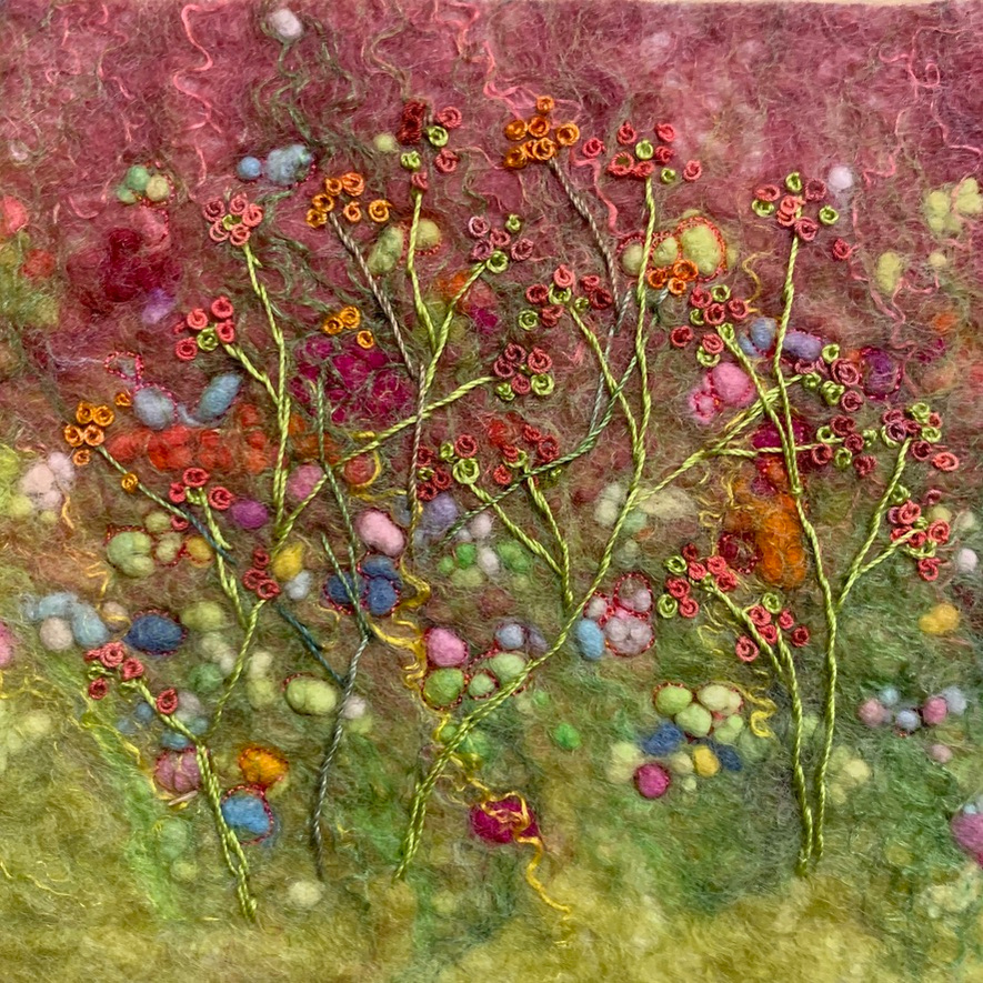 Felt art greeting card design by Lynn Comley Upanddowndale Scarborough North Yorkshire Artist providing workshops and exhibitions Pink Flowers