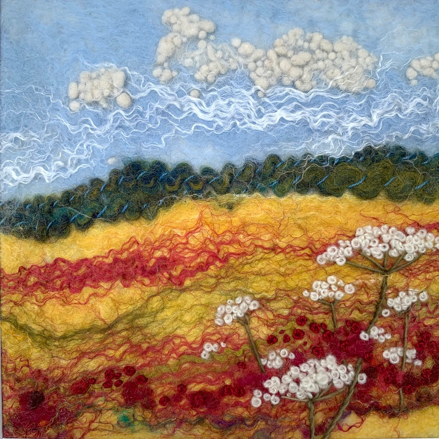 Poppy Fields. Learn how to wet felt with Lynn Comley. A wet felting workshop with embroidery at Scampston hall. Learn how to felt a landscape with embroidery