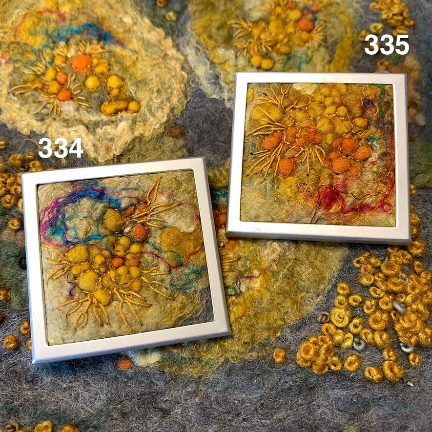 Lichen brooches by Lynn Comley a Yorkshire textile artist known as Up and Down Dale North Yorkshire Open Studios