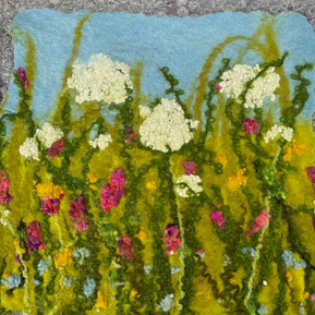 Student flower meadow picture, learn how to wet felt with Lynn Comley UpandDownDale 