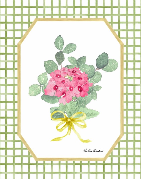 Pink hydrangea watercolor  with green trellis background and yellow ribbon for wall art and home decor.