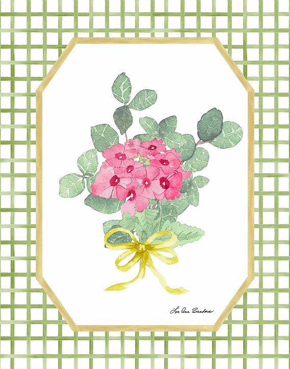 Pink hydrangea watercolor  with green trellis background and yellow ribbon for wall art and home decor.