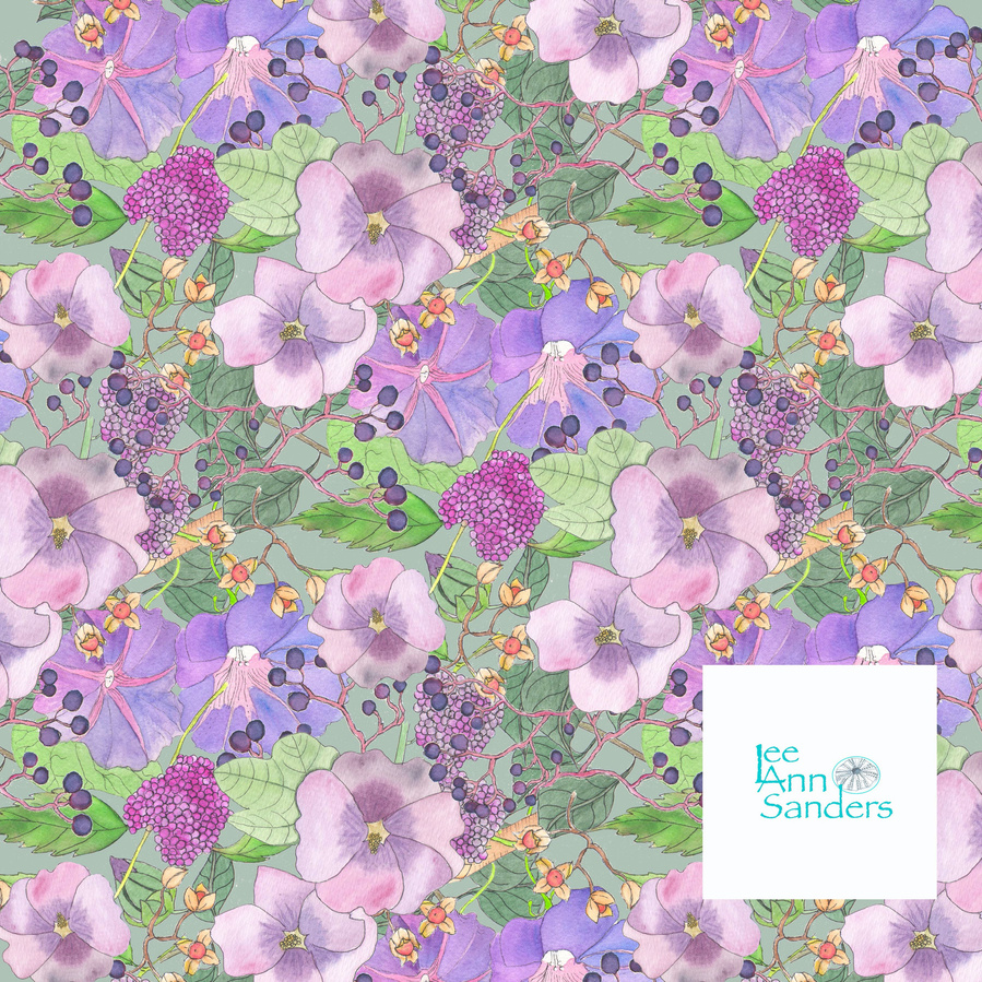 A half drop surface design pattern or purple flowers and berries.