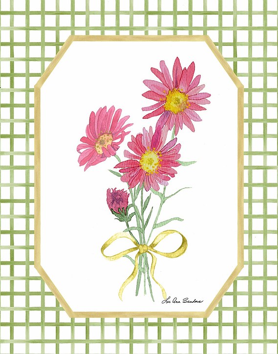 Pink watercolor daisies with yellow ribbon on a green trellis background for wall art and home decor.