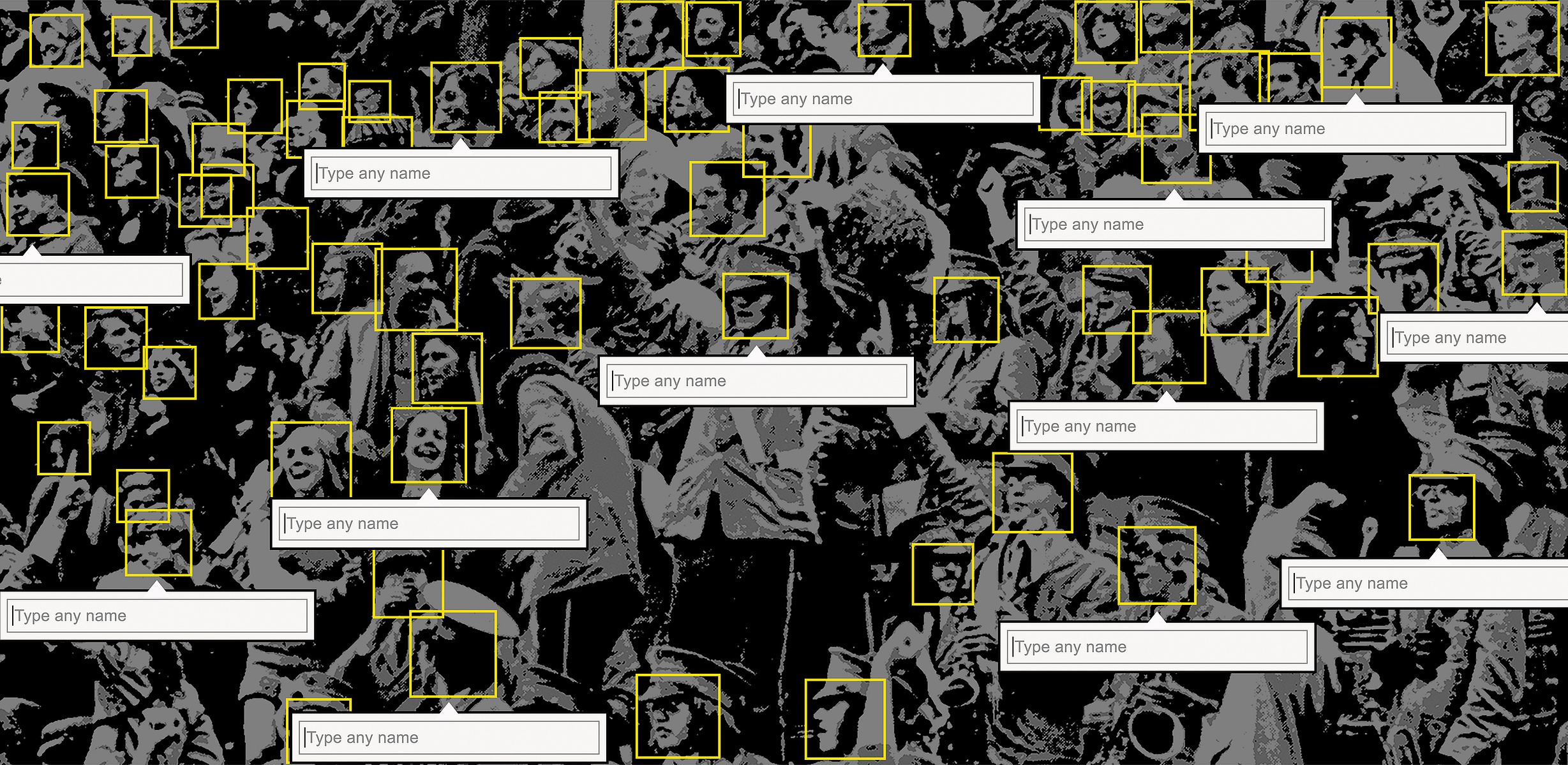 Using a photograph from a high school yearbook, this piece speaks to the potential loss of identity in the digital realm. Referencing the graphic text boxes found on Facebook that appear when hovering over a face, this piece poses questions of who we actu