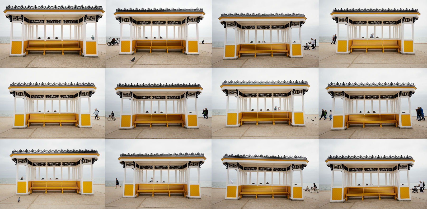 A montage of images of the same Southsea Seafront Shelter of short period of time.