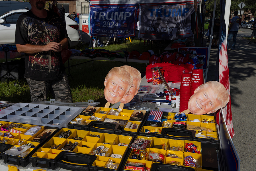 Donald Trump merchandise and memorabilia sold on an impromptu sale post run by a Florida man near the Savannah Civic Center before Trump’s campaign rally, Savannah, GA, 2024
