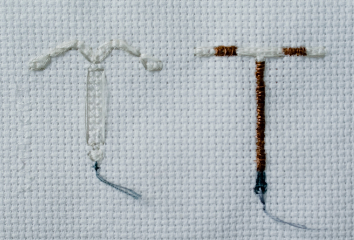 Hormonal IUD, Non-hormonal IUDs, sex, motherhood, feminist art, textile art, fiber art, embroidery art, Cross-stitch,  reproductive rights, maternal health, women&amp;amp;amp;amp;amp;#x27;s health, art activism, mother, pregnancy, bodily autonomy, Katrina Majkut 