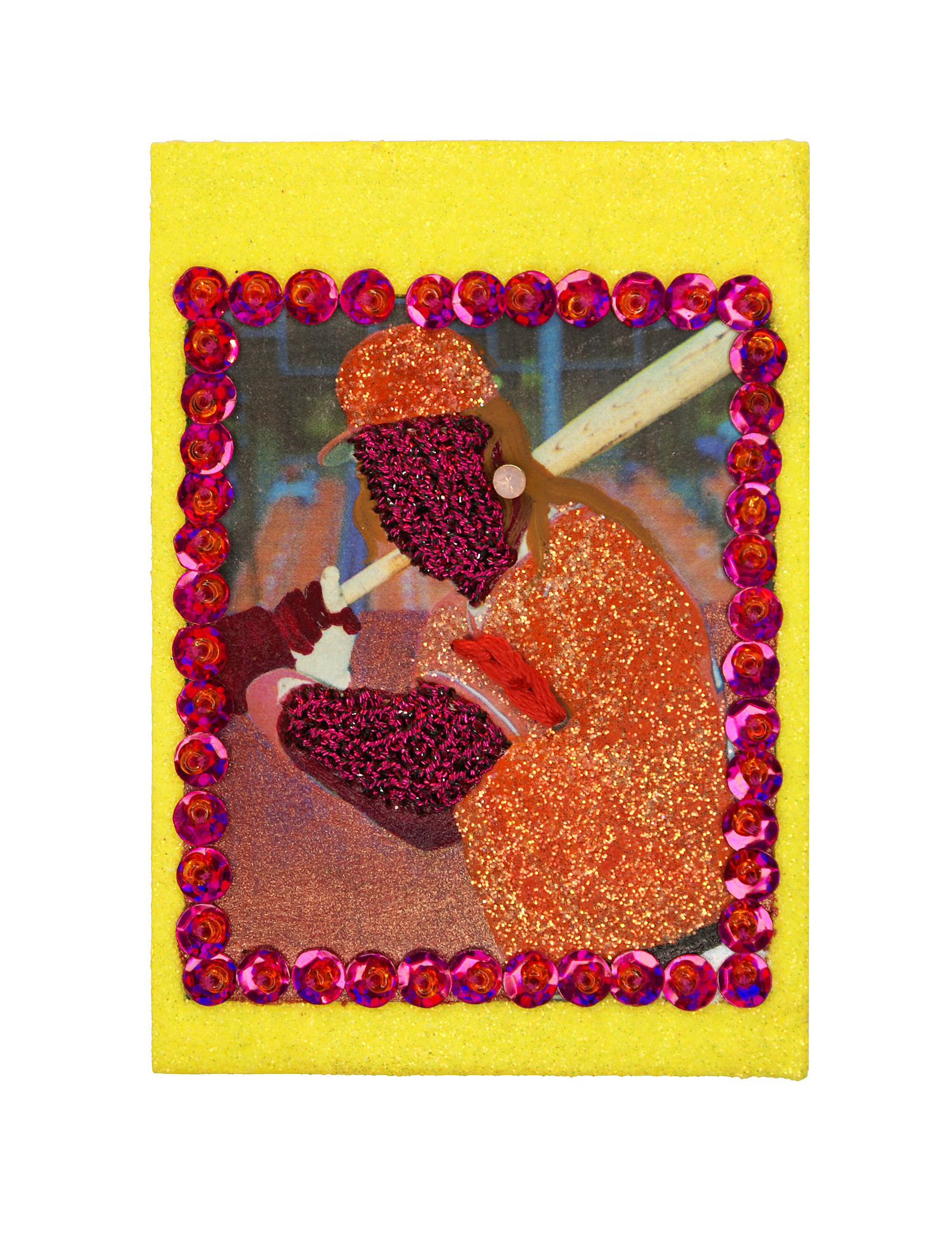 Baseball card, women athletes, crafts, sports, professional, baseball, sports art, MLB, players, beads, fiber art, feminist art, AAGPBL, hearts, glitter, team fireballs, teams, Katrina Majkut