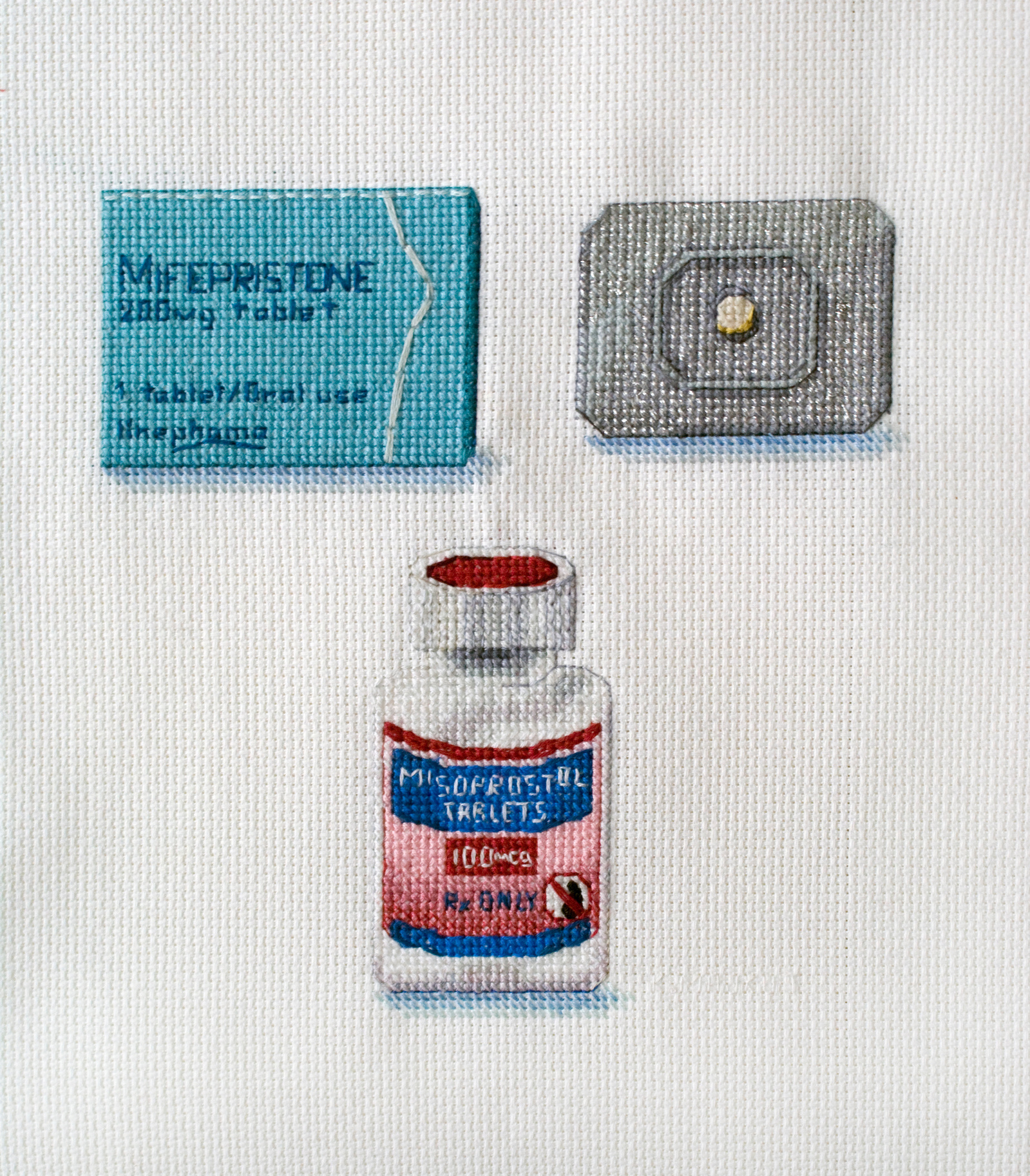 abortion, abortion art, abortion pills, reproductive rights, feminist art, cross-stitch, textile art, fiber art, Mifepristone, misoprostol, censored art, censorship