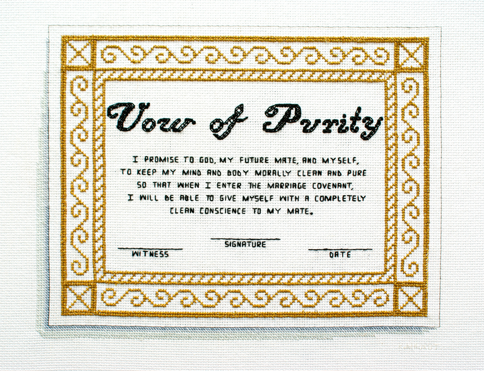 sex, vow of purit, feminist art, textile art, fiber art, embroidery art, Cross-stitch,  reproductive rights, maternal health, women&amp;amp;amp;amp;amp;#x27;s health, art activism, mother, purity culture, womanhood, bodily autonomy, Katrina Majkut, birth control, choice