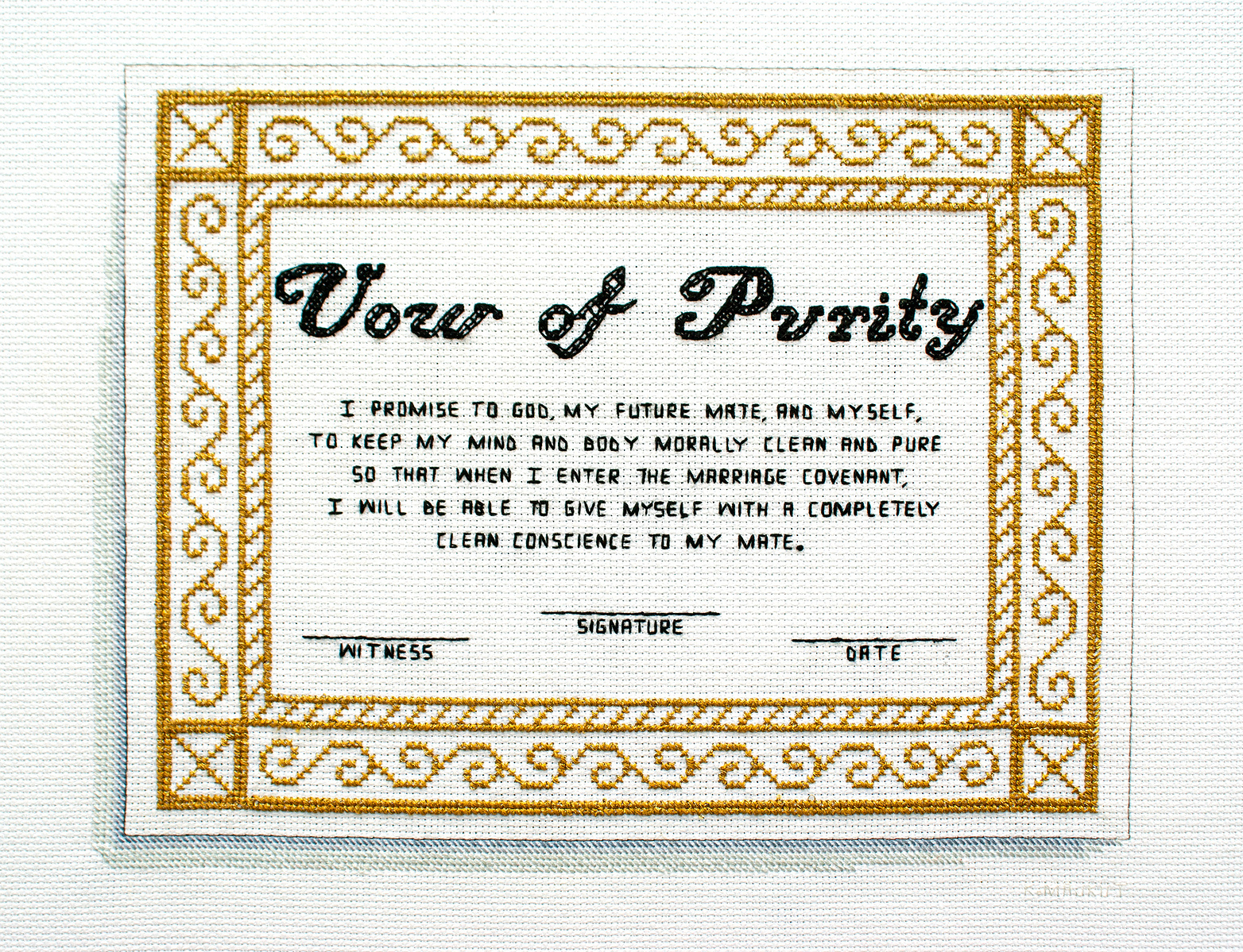 sex, vow of purit, feminist art, textile art, fiber art, embroidery art, Cross-stitch,  reproductive rights, maternal health, women&amp;amp;amp;amp;amp;#x27;s health, art activism, mother, purity culture, womanhood, bodily autonomy, Katrina Majkut, birth control, choice