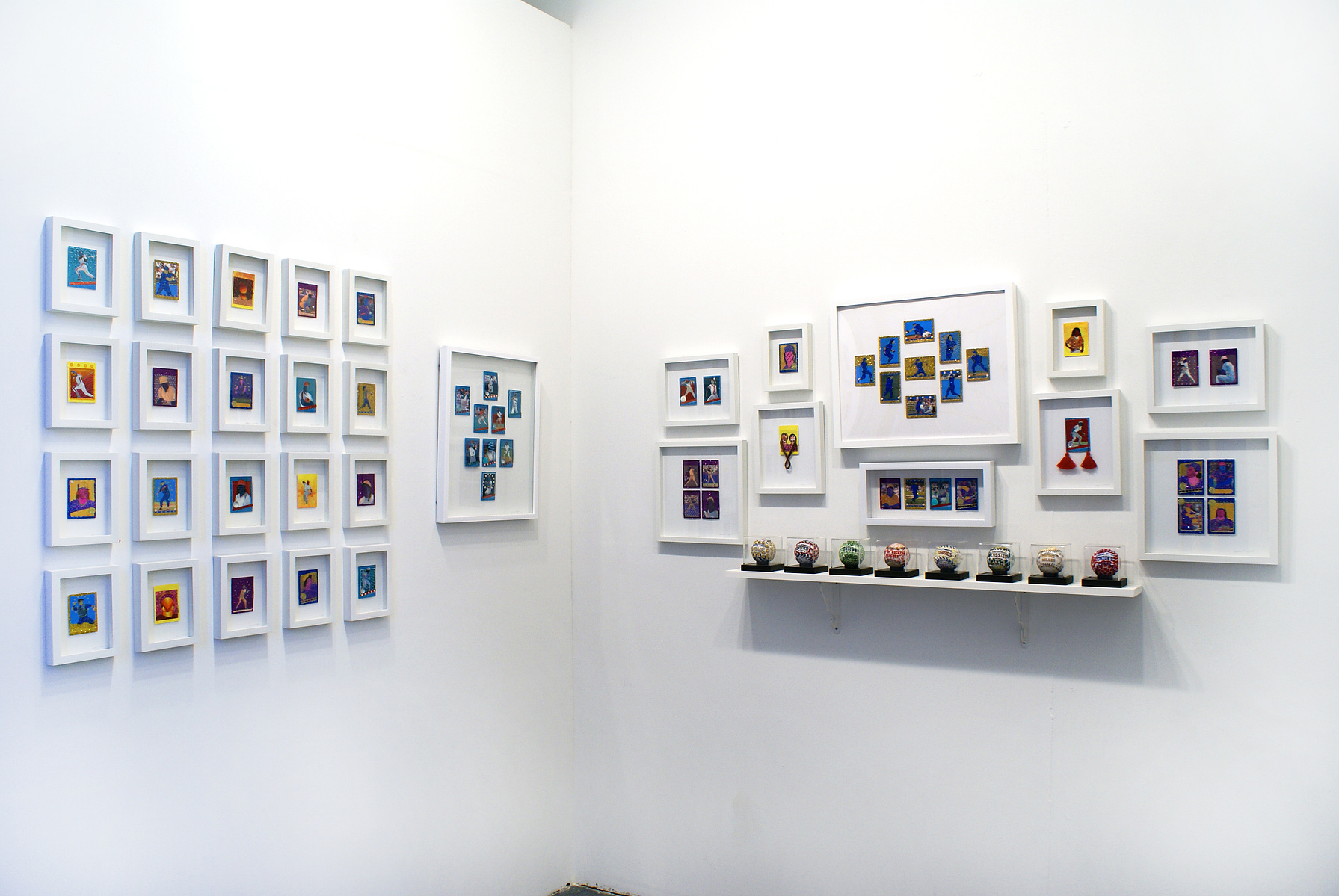 Installation image of the exhibition Fair Play, baseball art, modern baseball cards, women in sports, women playing baseball, all american girls professional league, sports art, feminist art, textile art, craft, sequins, beads, glitter, athletes, Katrina 